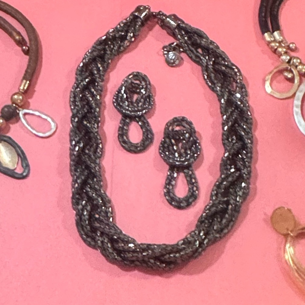 Elegant Black Braided Necklace and Earring Set